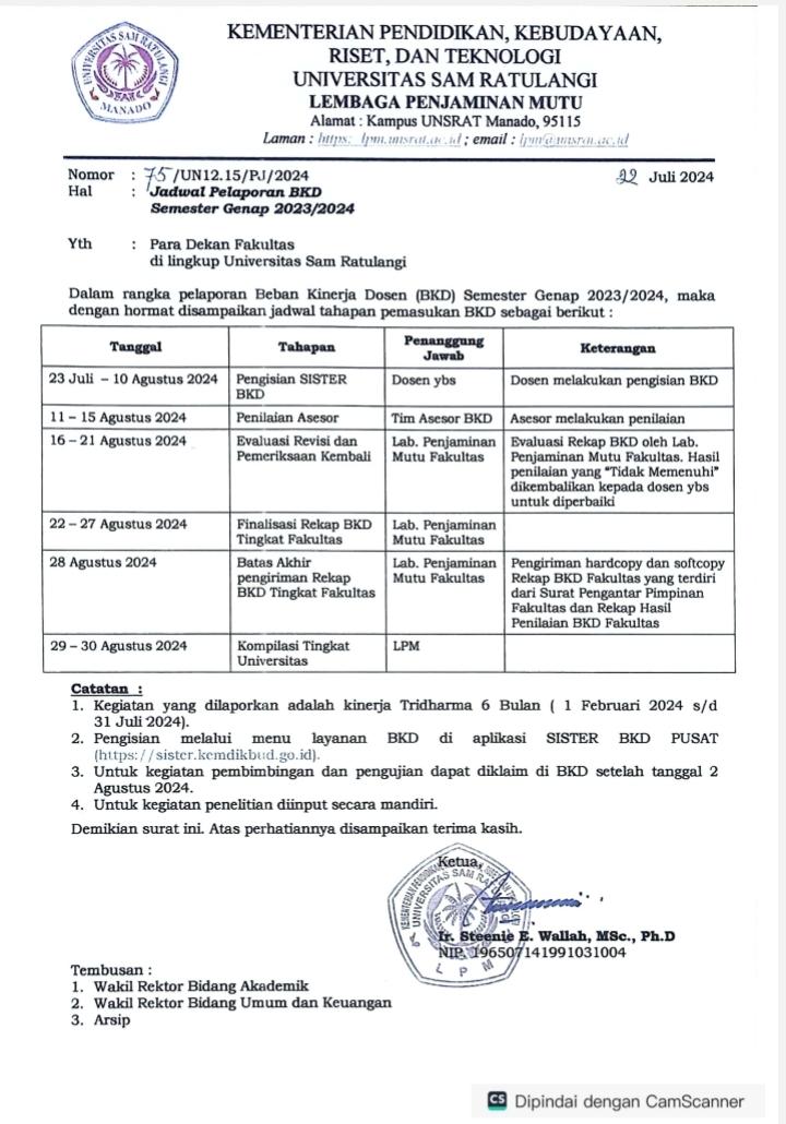 Jadwal Pelaporan BKD Semester Genap 2023/2024