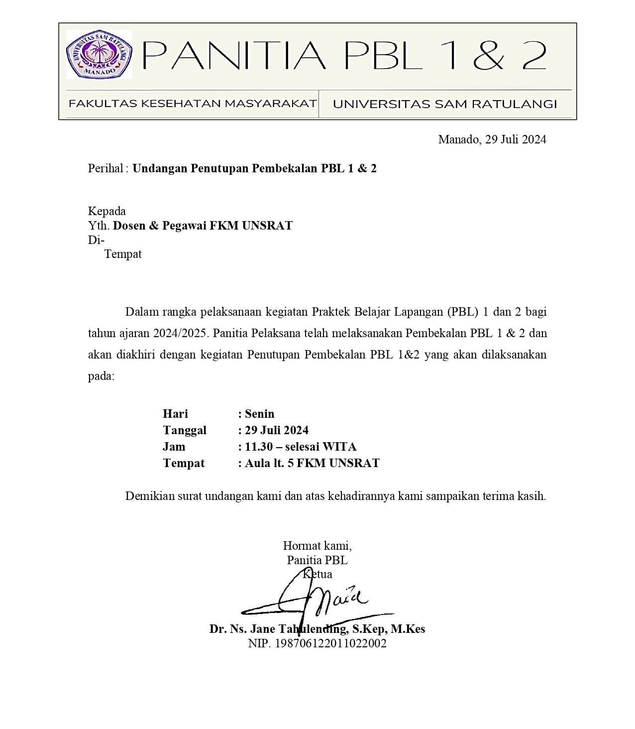 Undangan Penutupan Pembekalan PBL 1&2